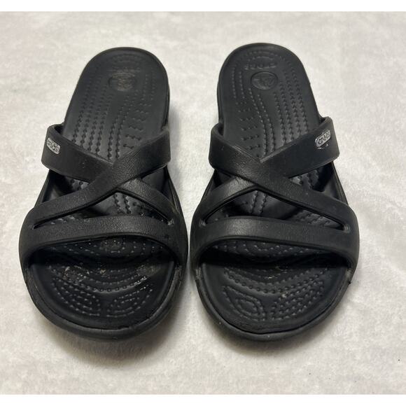 Crocs Women's 6 Patricia Wedge Heel Black Strappy Summer Beachy Sandal Slides - Picture 1 of 7